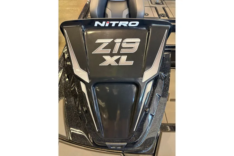 Slide: The Image of 2026 Nitro Z19 XL boat seat with sleek black design and logo detailing. - 16