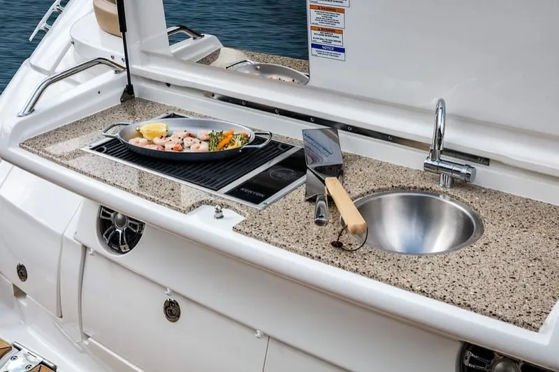 Slide: The Image of Manufacturer Provided Image: Outdoor kitchen on 2021 Sea Ray Sundancer 350 Coupe yacht with grill and sink. - 21