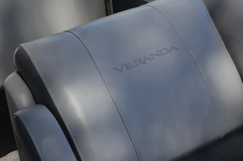Slide: The Image of Gray leather seat with "Veranda" logo, from 2018 Veranda VF22TT model. - 23