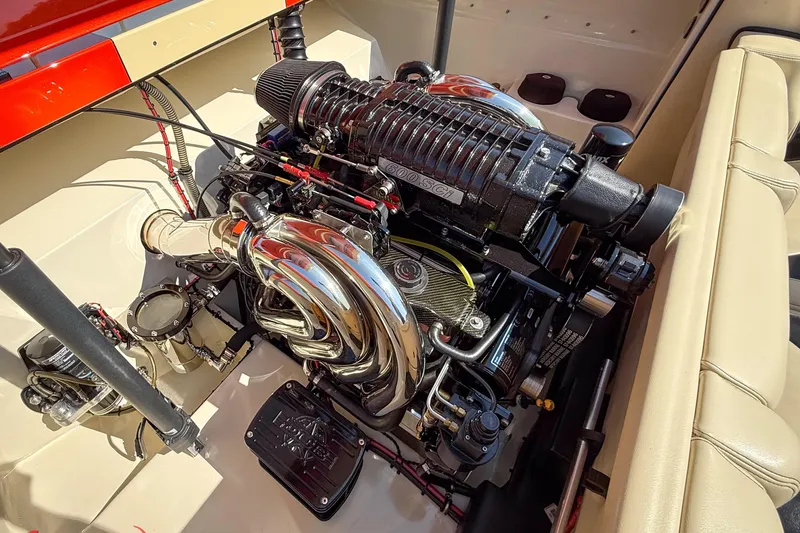 Slide: The Image of Engine of 2012 DCB 28 Extreme boat with chrome components and supercharger. - 17