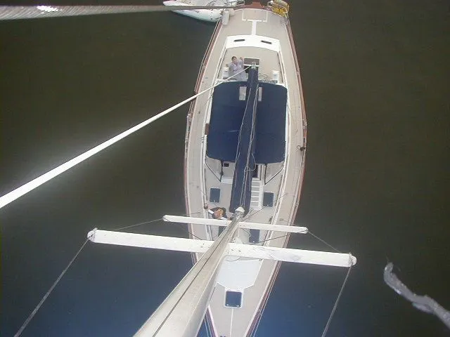 Slide: The Image of Aerial view of a 1989 Morgan 44 yacht on water. - 42