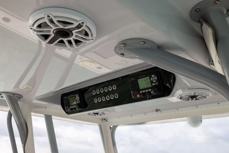 Slide: The Image of 2022 Freeman 42LR boat console with speakers and electronic controls. - 20