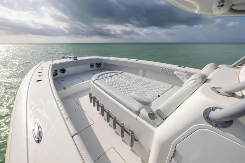Slide: The Image of Luxurious 2022 Freeman 42LR boat interior with ocean view and cloudy sky. - 8