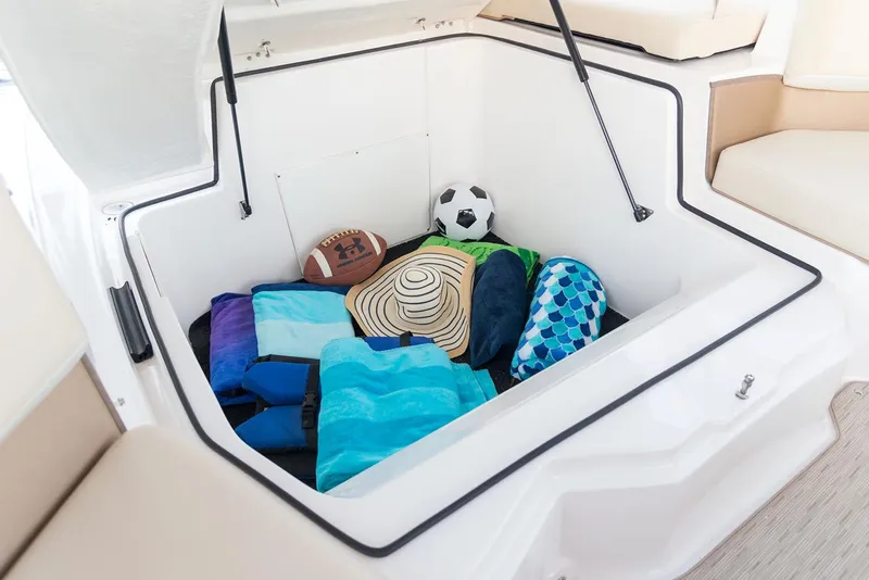 Slide: The Image of Manufacturer Provided Image: 2020 Regal 21 OBX boat storage compartment with towels, football, soccer ball, and beach gear. - 14