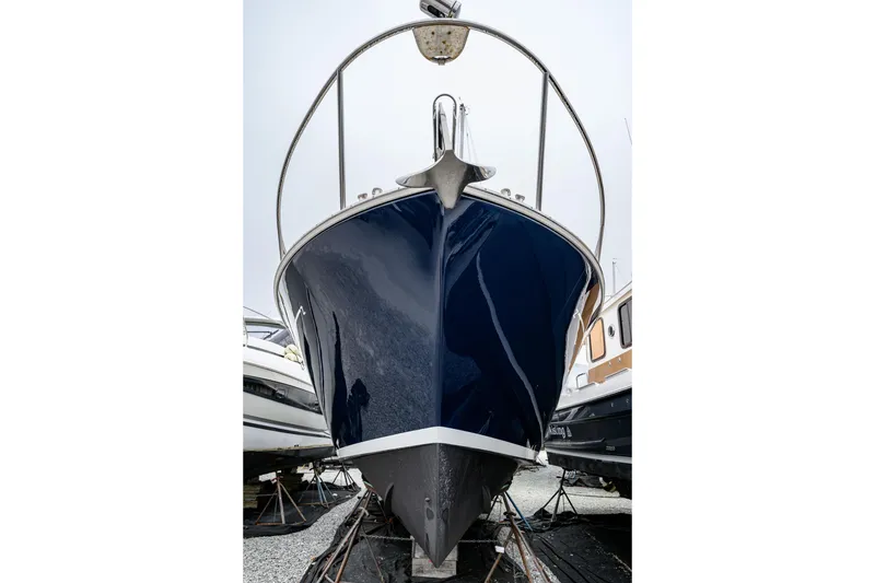 Slide: The Image of 2005 MJM 34z Downeast boat on dry dock, front view. - 3