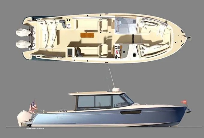 Slide: The Image of Manufacturer Provided Image: Top and side view of 2022 MJM 3z boat model with twin outboard engines. - 7