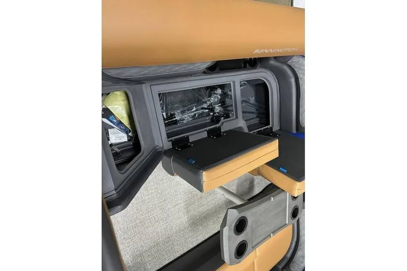 Slide: The Image of 2026 Bennington 22 SSB Swingback interior with modern seating and storage features. - 14