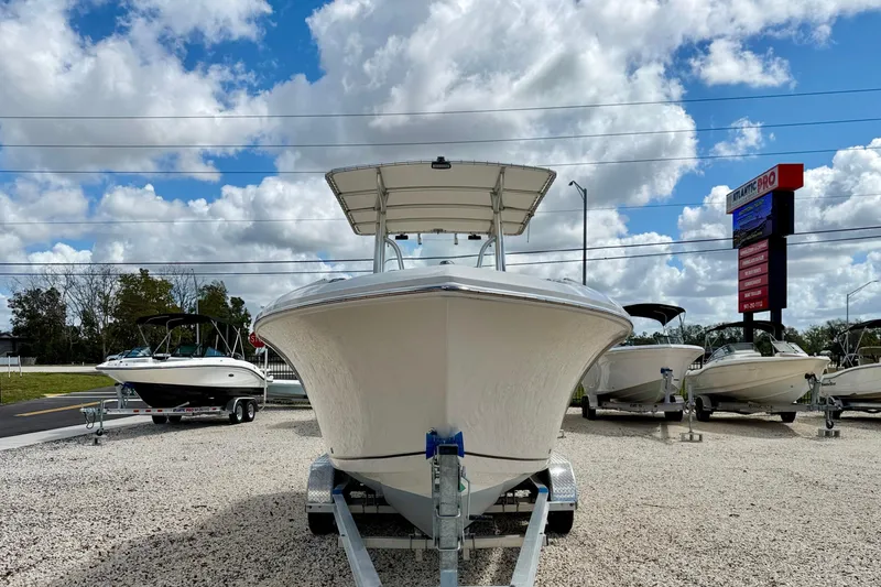Slide: The Image of 2021 Sailfish 242 CC boat on display under a cloudy sky. - 2