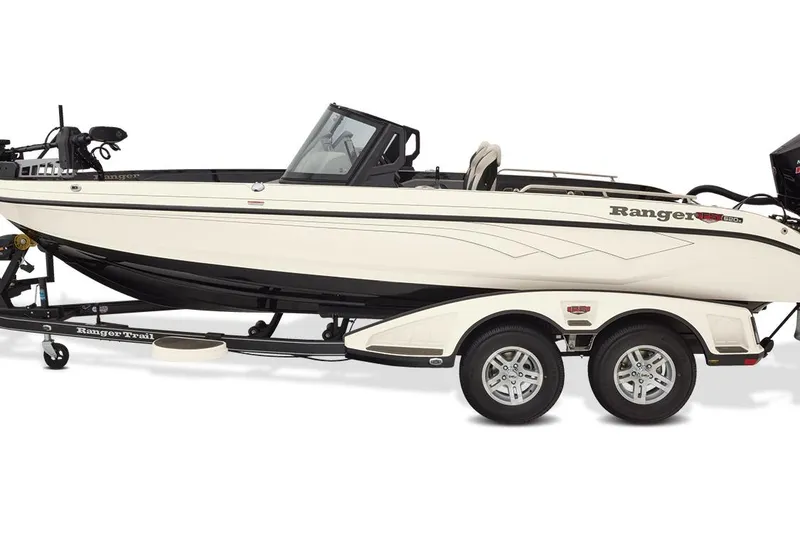 Slide: The Image of Manufacturer Provided Image: 2026 Ranger 620xFS Pro boat on trailer, side view, white and black design. - 33