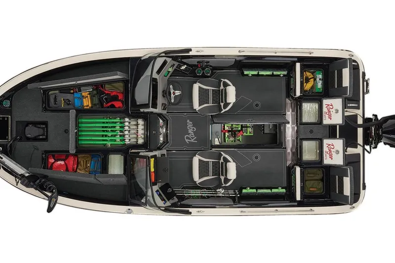 Slide: The Image of Manufacturer Provided Image: Top view of 2026 Ranger 620xFS Pro boat interior with organized storage compartments. - 40