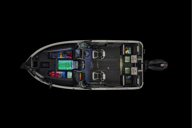Slide: The Image of Manufacturer Provided Image: Top view of 2026 Ranger 620xFS Pro boat with organized storage compartments. - 43