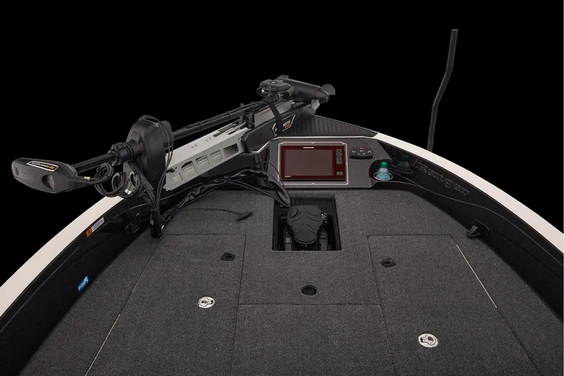 Slide: The Image of Manufacturer Provided Image: 2026 Ranger 620xFS Pro boat deck with advanced control panel and trolling motor. - 45