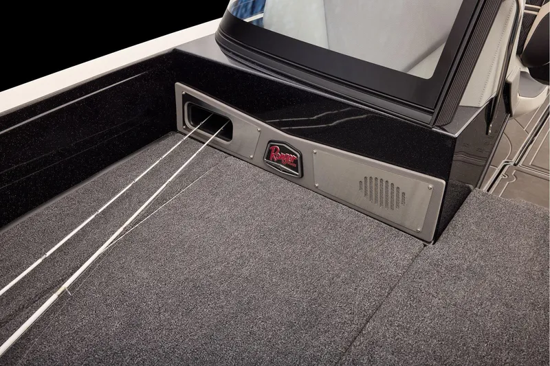 Slide: The Image of Manufacturer Provided Image: 2026 Ranger 620xFS Pro boat interior with rod storage and carpeted deck. - 50