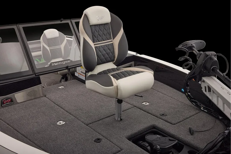 Slide: The Image of Manufacturer Provided Image: 2026 Ranger 620xFS Pro boat interior with cushioned seat and trolling motor. - 57