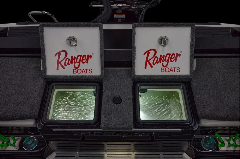 Slide: The Image of Manufacturer Provided Image: 2026 Ranger 620xFS Pro boat livewell compartments with illuminated interiors. - 89
