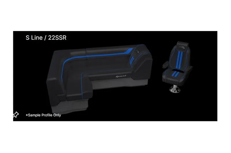 Slide: The Image of 2026 Bennington 22 SSR Quad Bench seating, black with blue accents, sample profile. - 3