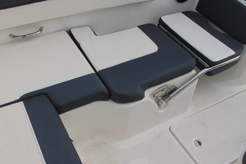 Slide: The Image of 2021 Bayliner VR5 Bowrider I/O interior seating with adjustable cushions and sleek design. - 11