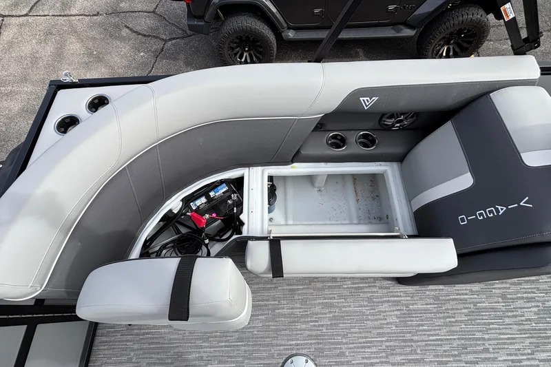 Slide: The Image of 2026 Viaggio X24U boat interior with storage compartment and seating, featuring modern design elements. - 18