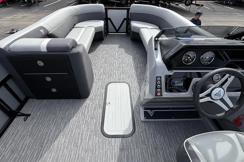 Slide: The Image of Luxurious interior of 2026 Viaggio X24U boat with modern dashboard and seating. - 24