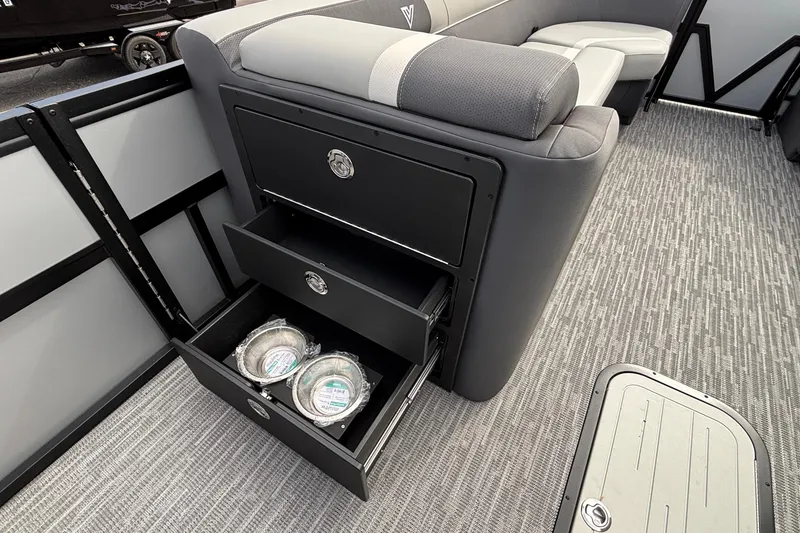 Slide: The Image of Interior of 2026 Viaggio X24U boat with storage drawers and seating. - 26