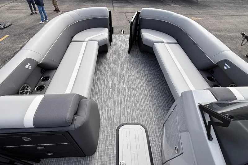 Slide: The Image of Luxurious interior of 2026 Viaggio X24U pontoon boat with gray seating and modern design. - 3