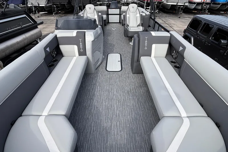 Slide: The Image of Luxurious 2026 Viaggio X24U boat interior with sleek gray seating and modern design. - 5