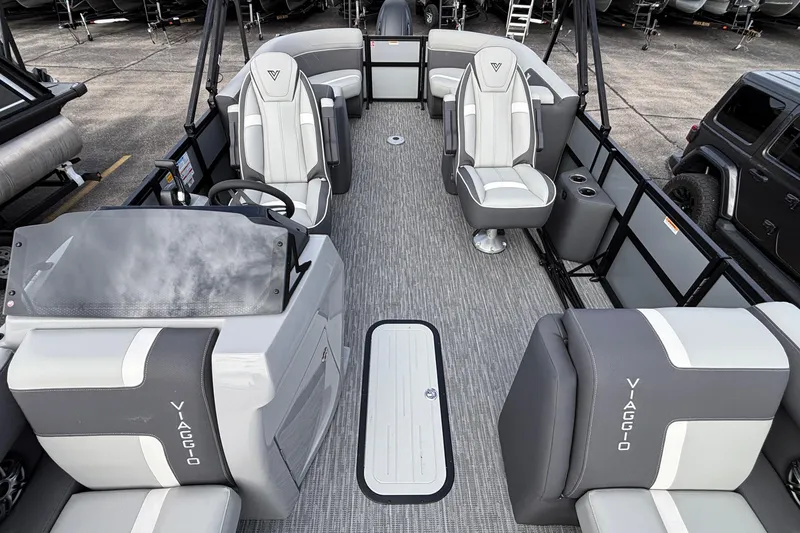 Slide: The Image of 2026 Viaggio X24U pontoon boat interior with modern seating and sleek design. - 6