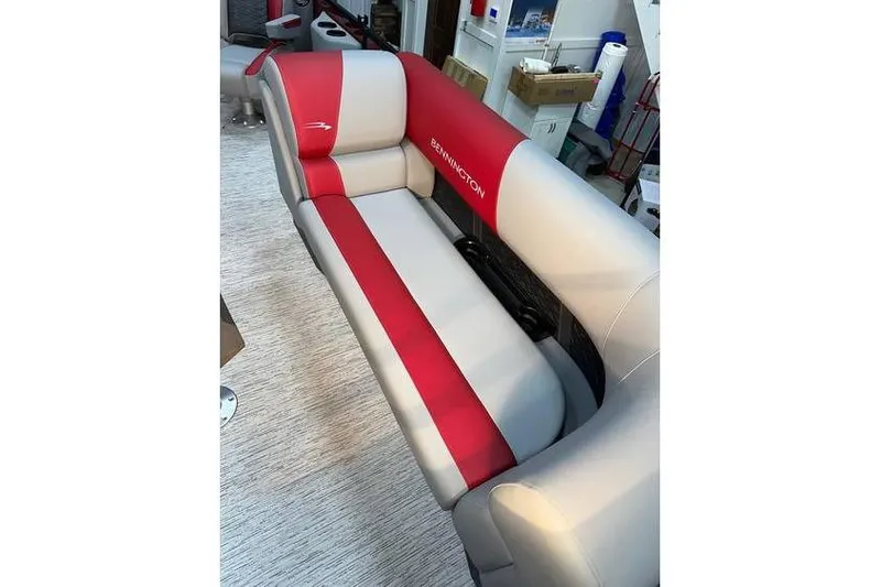 Slide: The Image of 2026 Bennington 22 SSR Quad Bench, red and gray seating, in stock. - 13