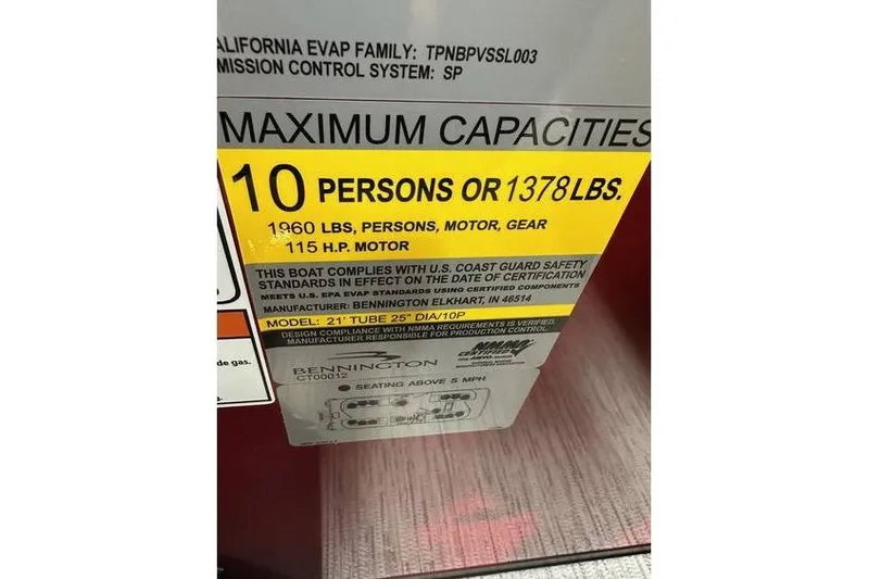 Slide: The Image of 2026 Bennington 22 SSR Quad Bench capacity label, 10 persons or 1378 lbs, 115 HP motor. - 25