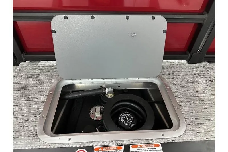 Slide: The Image of Open fuel compartment of 2026 Bennington 22 SSR Quad Bench boat. - 36