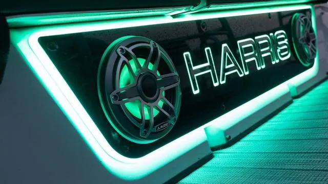Slide: The Image of Illuminated Harris 250 Grand Mariner V10 400 logo with glowing speakers, 2024 model. - 29