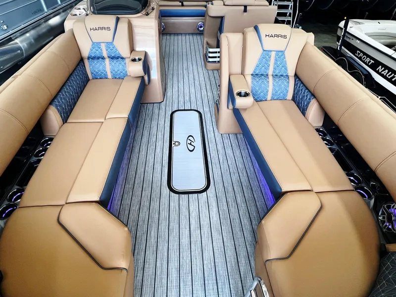 Slide: The Image of Luxurious interior of 2024 Harris 250 Grand Mariner V10 400 pontoon boat. - 4