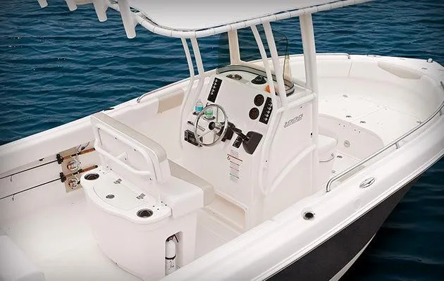 Slide: The Image of 2015 Robalo R222 Center Console boat on trailer with Yamaha engine. - 5