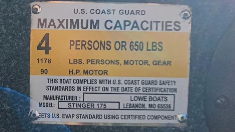 Slide: The Image of Lowe Stinger 175C 2026 boat capacity: 4 persons or 650 lbs. - 31