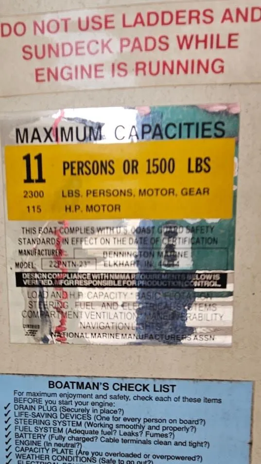 Slide: The Image of Bennington 2050LX capacity warning label, 11 persons or 1500 lbs. - 25