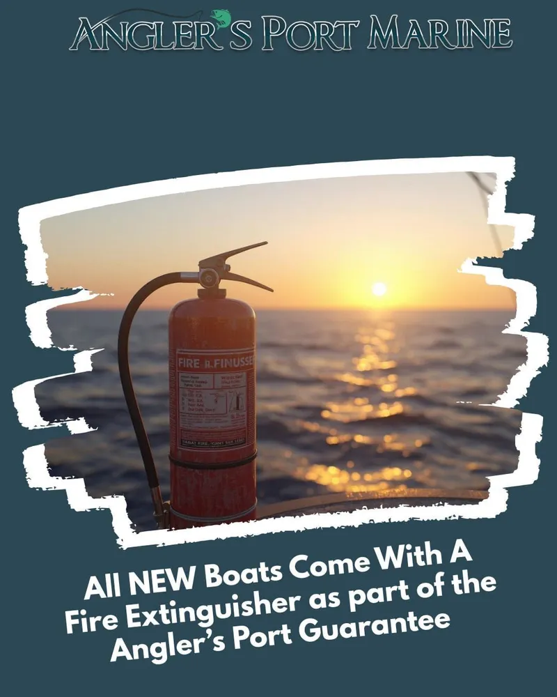 Slide: The Image of Fire extinguisher on a boat at sunset, Angler's Port Marine guarantee. - 20