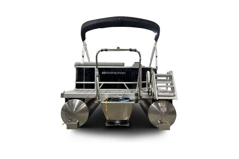 Slide: The Image of 2026 Bennington 21 SL pontoon boat with privacy curtain, rear view. - 4