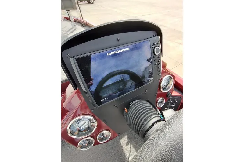 Slide: The Image of 2020 Vexus AVX 1980 dashboard with Humminbird HELIX 9 fishfinder and gauges. - 11