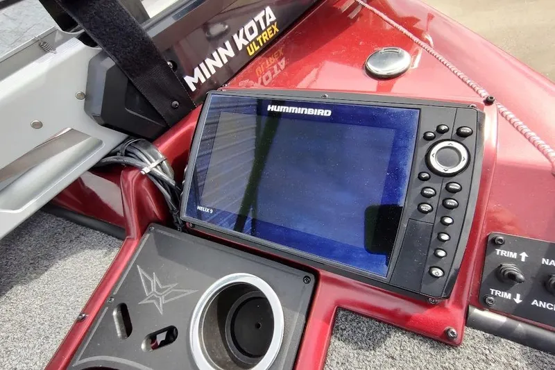 Slide: The Image of Red 2020 Vexus AVX 1980 boat dashboard with Humminbird Helix 9 and Minn Kota Ultrex. - 5