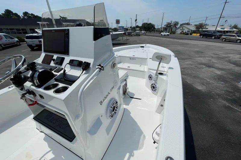 Slide: The Image of 2023 BlackJack 256 Bay boat with modern console and navigation equipment. - 12