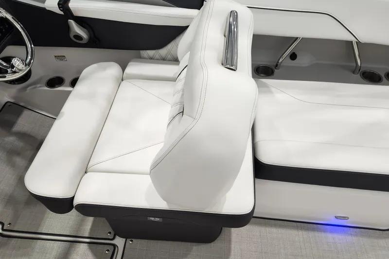 Slide: The Image of Luxurious white seating in 2025 Regal LX2 boat interior, featuring sleek design and modern amenities. - 13