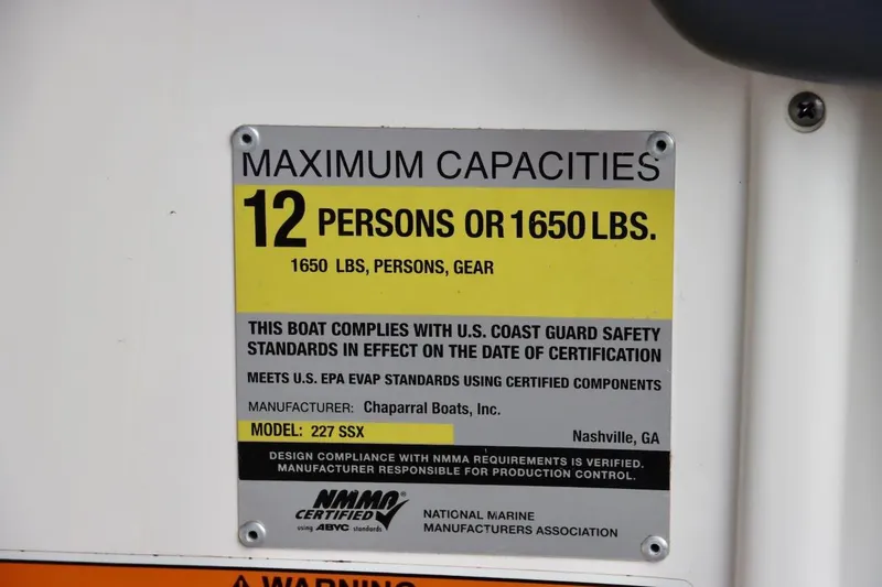 Slide: The Image of Capacity label for 2017 Chaparral 227 SSX, max 12 persons or 1650 lbs. - 36