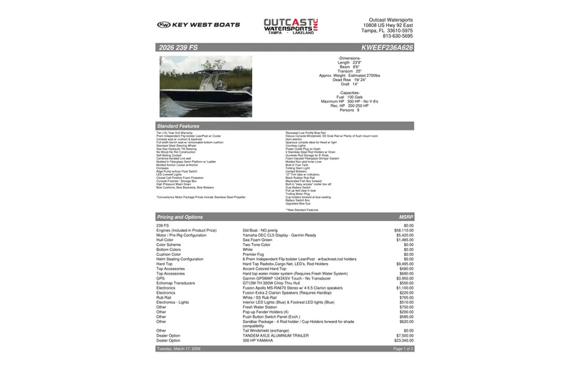 Slide: The Image of Key West 239 FS 2026 boat specifications and pricing details sheet. - 12