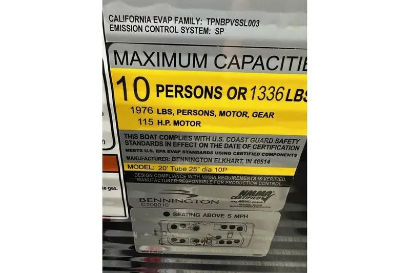 Slide: The Image of 2026 Bennington 21 SSR Quad Bench capacity label, 10 persons or 1336 lbs, 115 HP motor. - 22