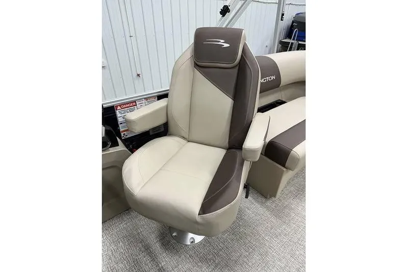 Slide: The Image of 2026 Bennington 21 SSR Quad Bench boat seat, beige and brown upholstery, in stock. - 25