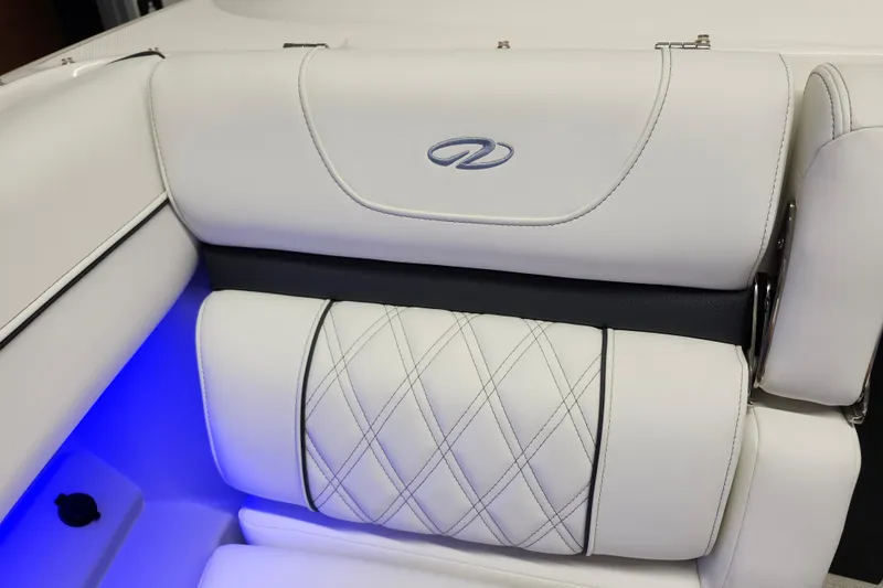 Slide: The Image of Luxurious white seating in 2025 Regal LX4 boat with blue ambient lighting. - 31