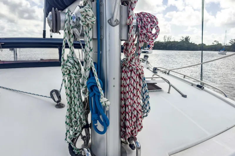 Slide: The Image of Ropes on a Leopard 42 catamaran deck, 2002 model, with scenic water backdrop. - 21