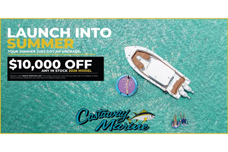 Slide: The Image of Aerial view of Sea Hunt Ultra 275CB boat on turquoise water, summer sale promotion. - 2