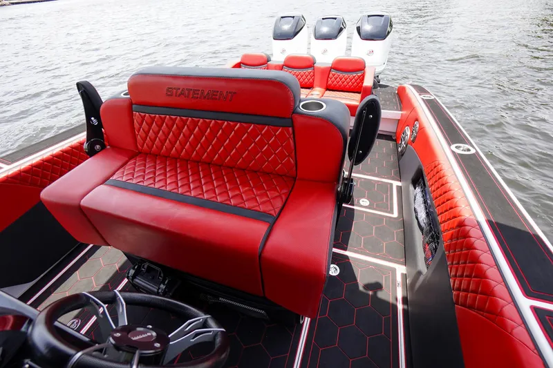 Slide: The Image of Luxurious red interior of the 2020 Statement 380 Open boat. - 27