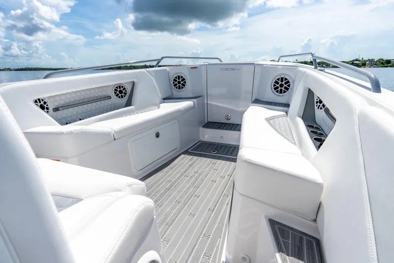 Slide: The Image of Luxurious interior of 2023 Dynamic D-305V boat with white seating and modern design. - 6